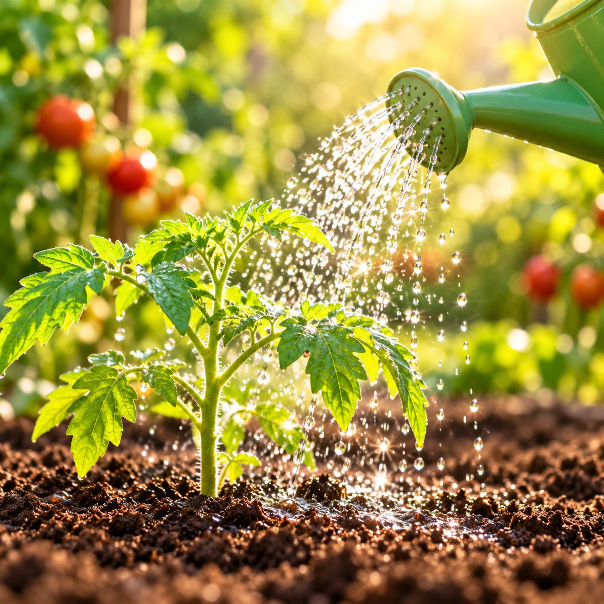 A green watering can watering a young tomato seedling