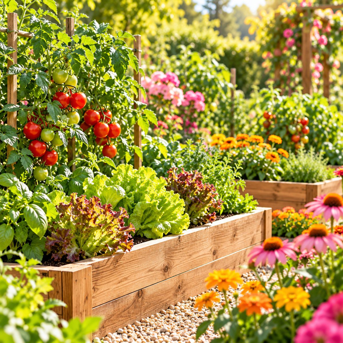 A thriving home garden with raised beds of tomatoes, lettuce and flowers