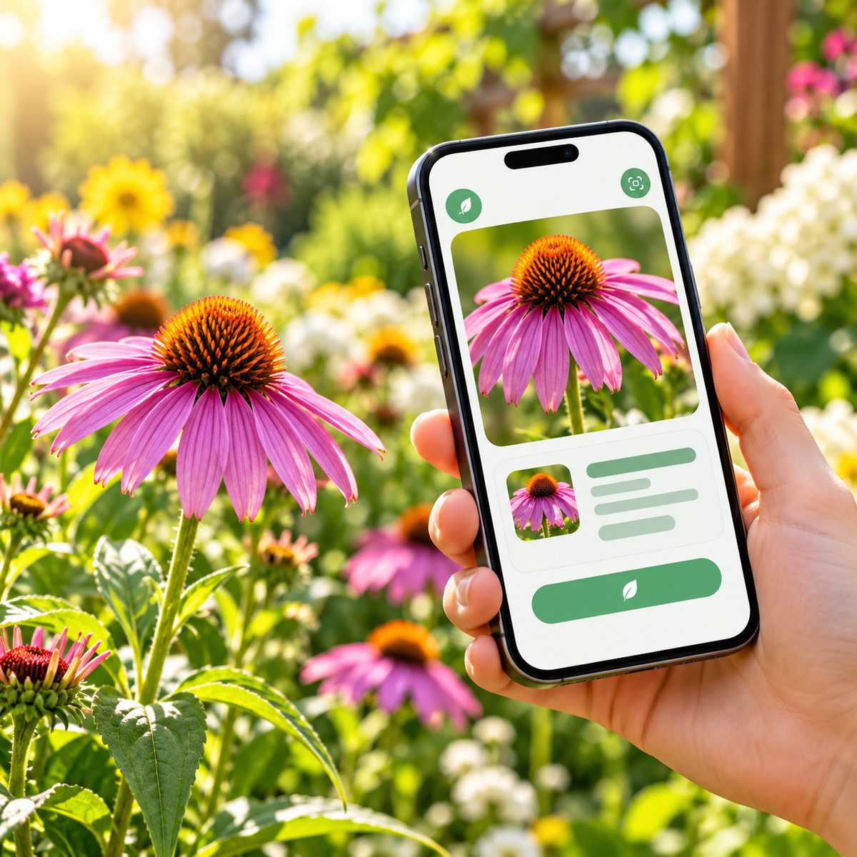 A phone photographing a purple coneflower, with the identification result on screen