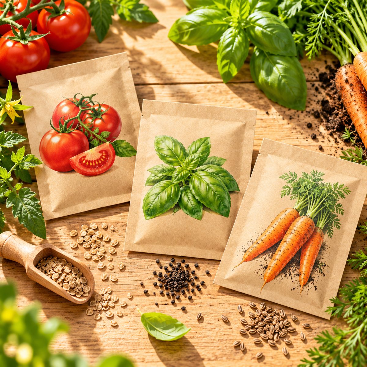 Kraft seed packets for tomato, basil and carrot with loose seeds and a wooden scoop